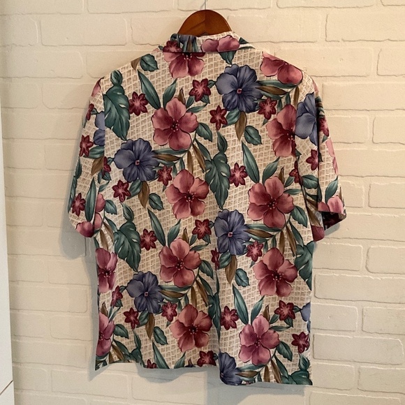 Vintage Button down shirt Tropical Floral Mixed print Aloha Cream Blue Dark 14 - Picture 2 of 8